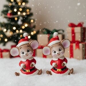 Set Of 2 Enesco Christmas Mouse Figurines in Santa Outfits
